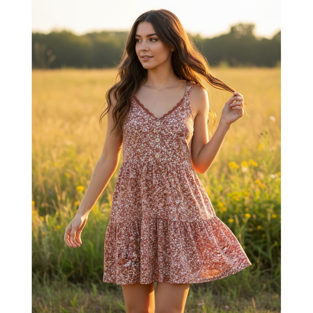 Blu Pepper M Swing Dress Mini Orange Floral Lace Tiered Cottage Boho Fairy Chic